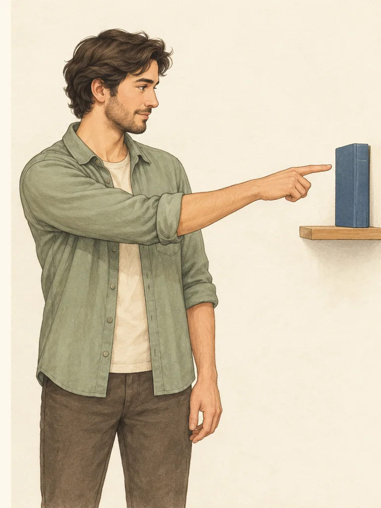Die Person zeigt mit dem ausgestreckten Zeigefinger auf das blaue Buch.