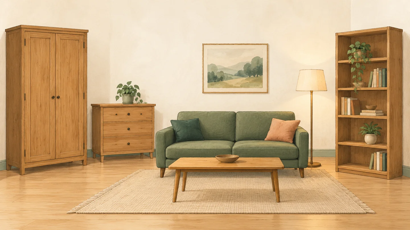 Ein erfundenes Wohnzimmer mit hohem Schrank, Kommode mit drei Schubladen, offenem Regal, Sofa, Couchtisch und Stehlampe.