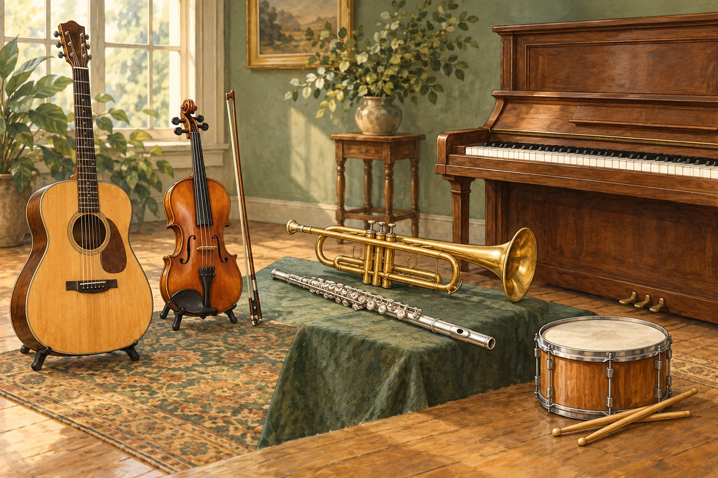 Sechs einzelne Musikinstrumente: Gitarre, Geige mit Bogen, Querflöte, Trompete, Klavier und eine Trommel.