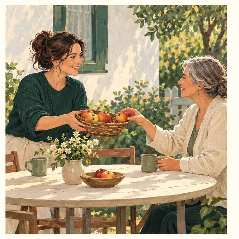 She willingly shares her apples with a neighbor.