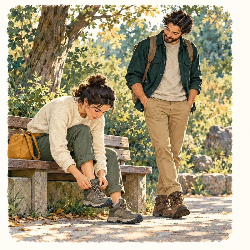 He waits without rushing his companion while she ties her shoe.