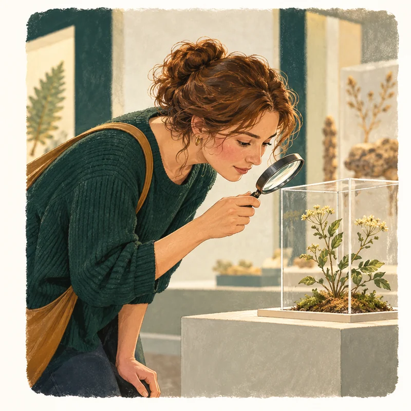 She examines an unfamiliar plant to learn more.