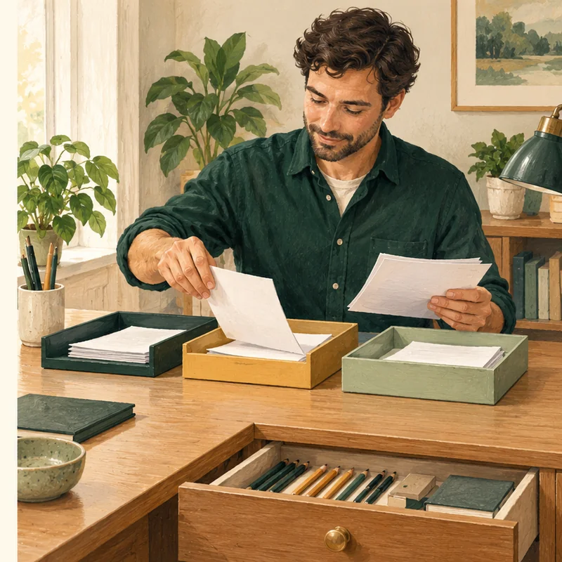 He sorts papers and keeps his workspace organized.