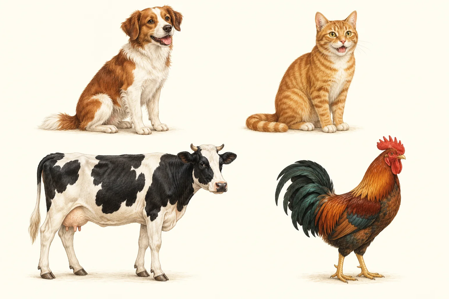 Vocabulary illustrations in reading order: der Hund, die Katze, die Kuh, der Hahn.