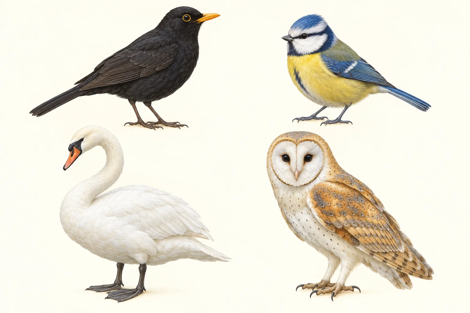 Vocabulary illustrations in reading order: die Amsel, die Meise (hier: Blaumeise), der Schwan, die Eule (hier: Schleiereule).