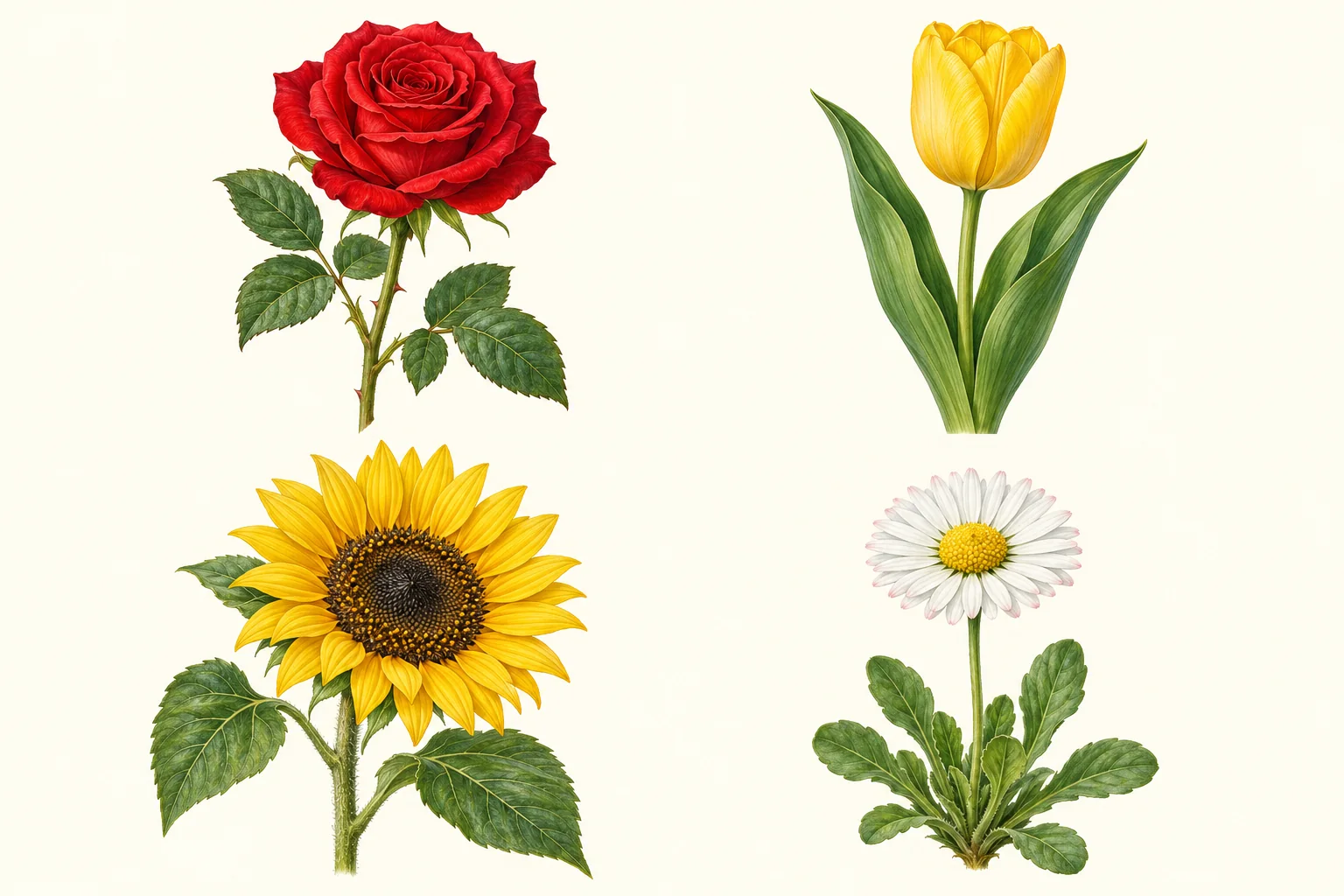 Vocabulary illustrations in reading order: die Rose, die Tulpe, die Sonnenblume, das Gänseblümchen.