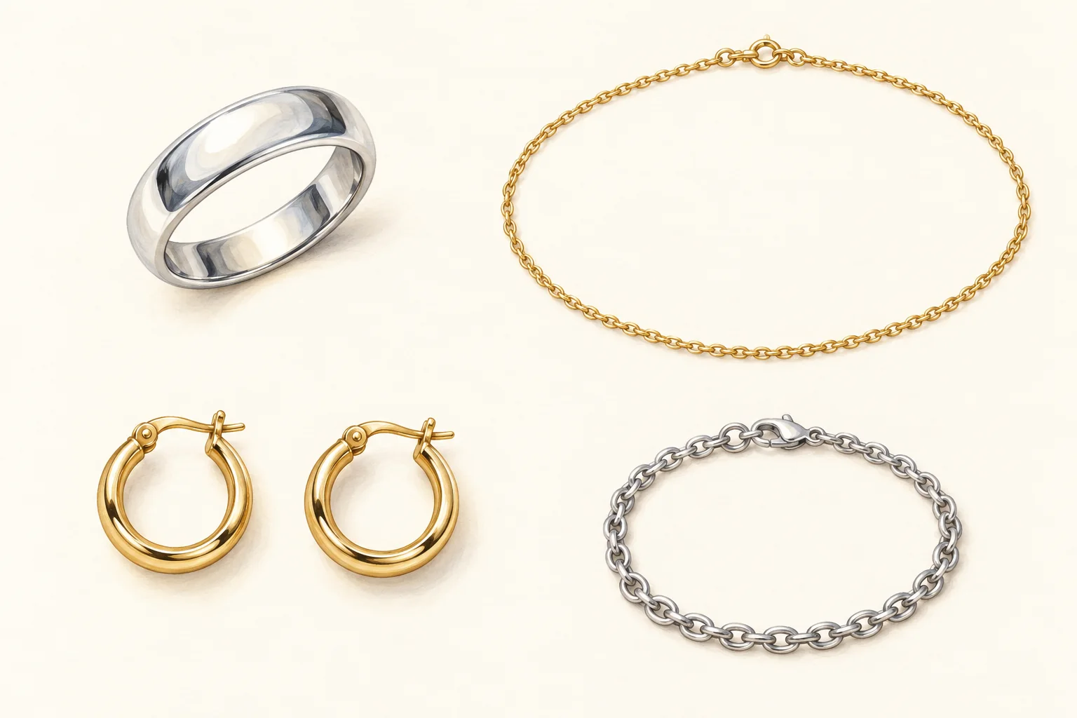 Vocabulary illustrations in reading order: der Ring, die Halskette, die Ohrringe, das Armband.