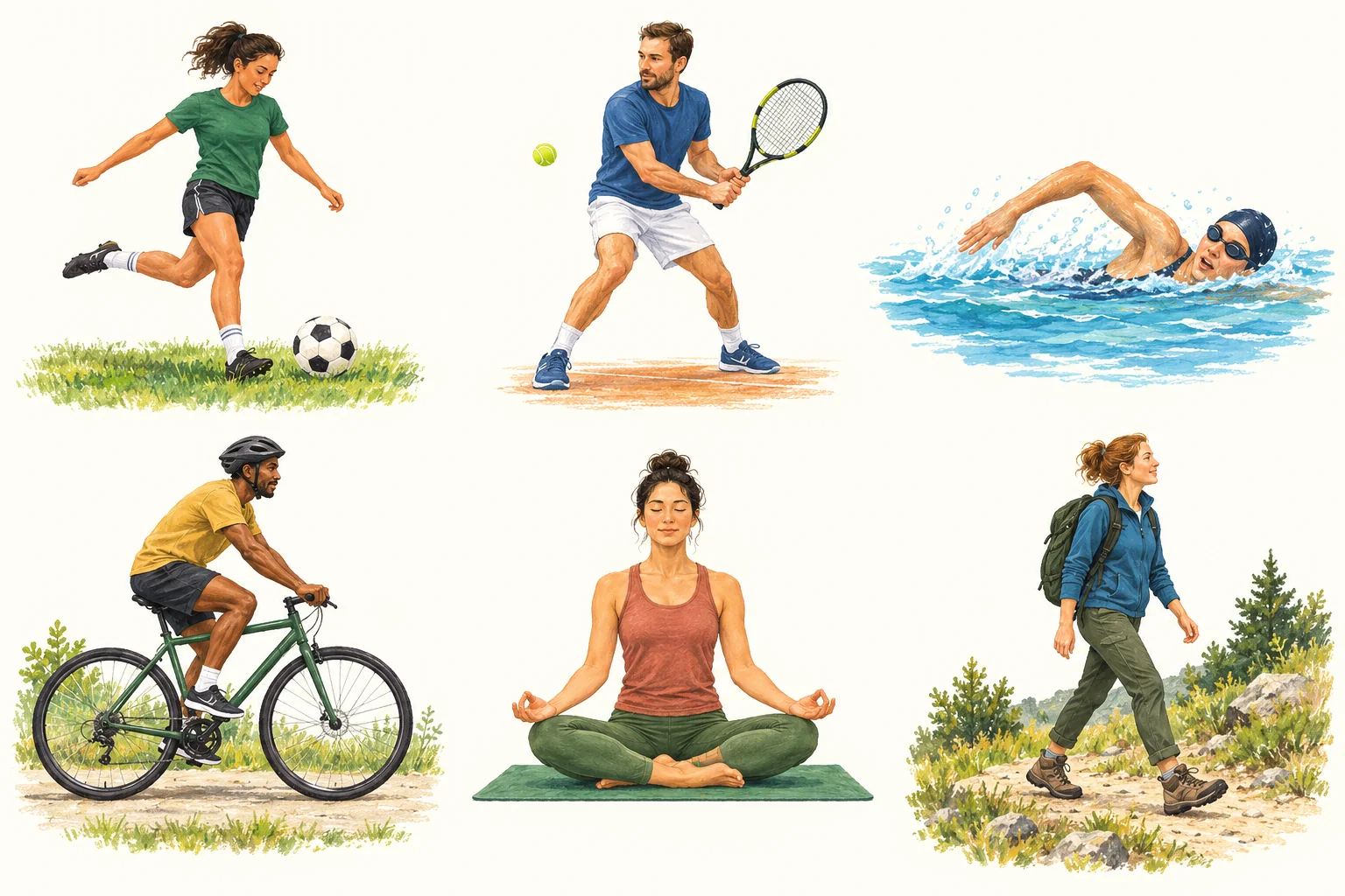 Vocabulary illustrations in reading order: Fußball spielen, Tennis spielen, schwimmen, Rad fahren, Yoga machen, wandern.