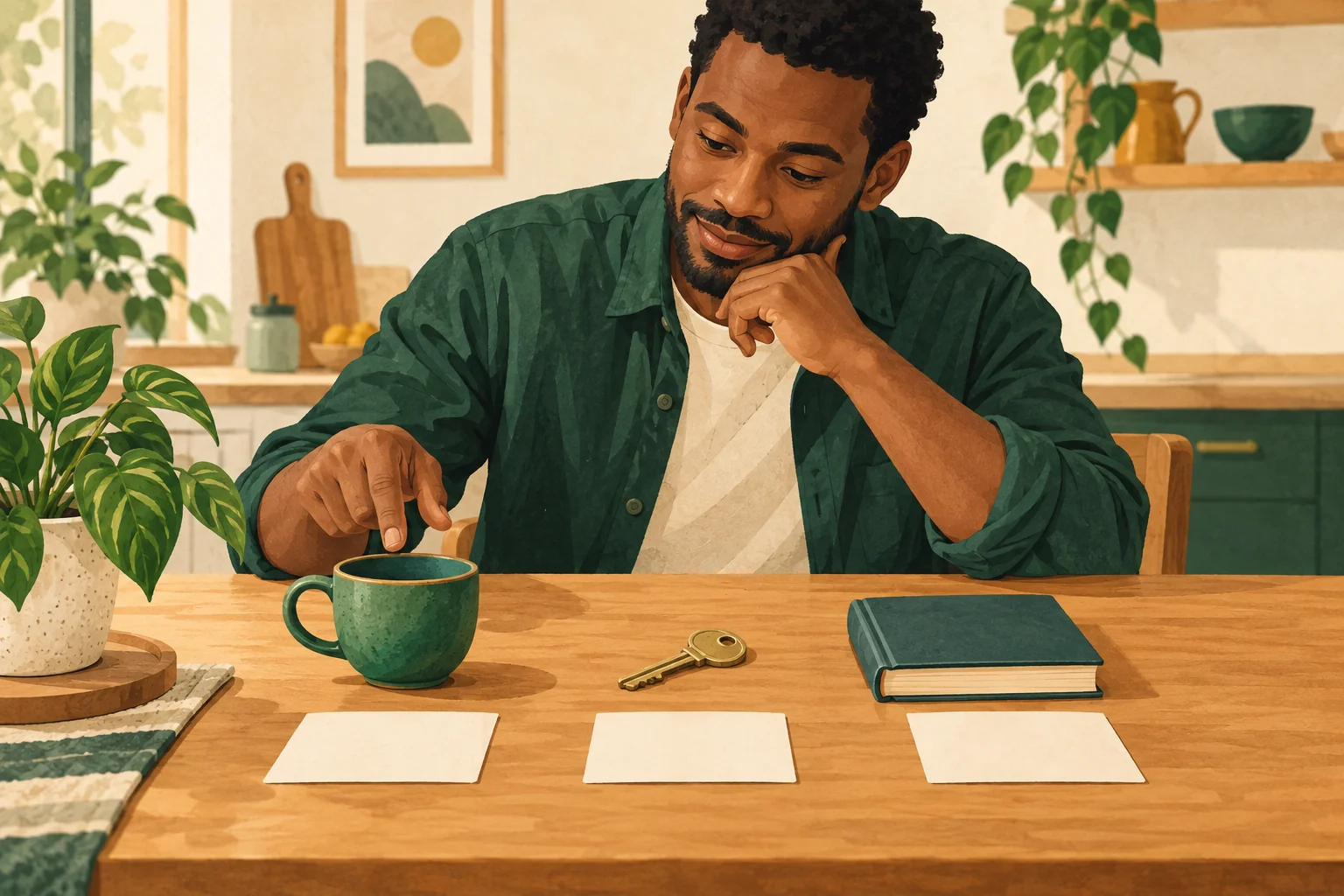 Ein Lernender verbindet Wortkarten mit einer Tasse, einem Schlüssel und einem Buch.