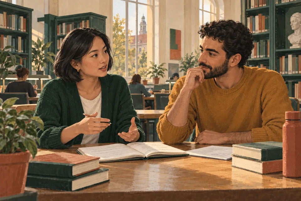 Illustration of adults studying together.