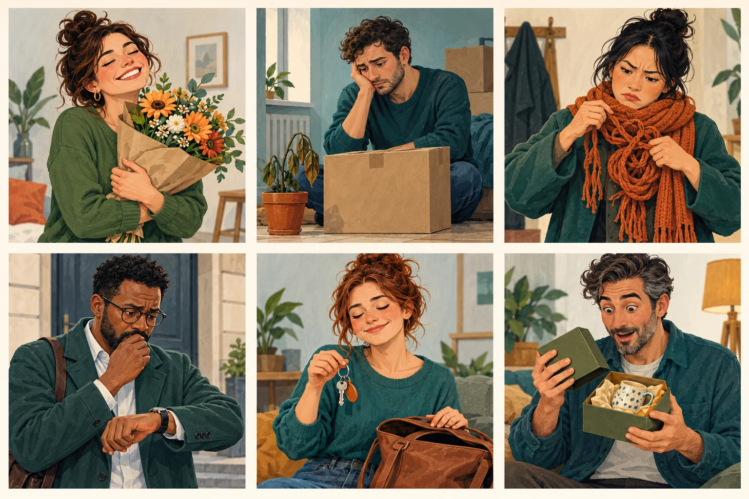 glücklich — happy. In this fictional scene, the person holding flowers says: Ich bin glücklich.