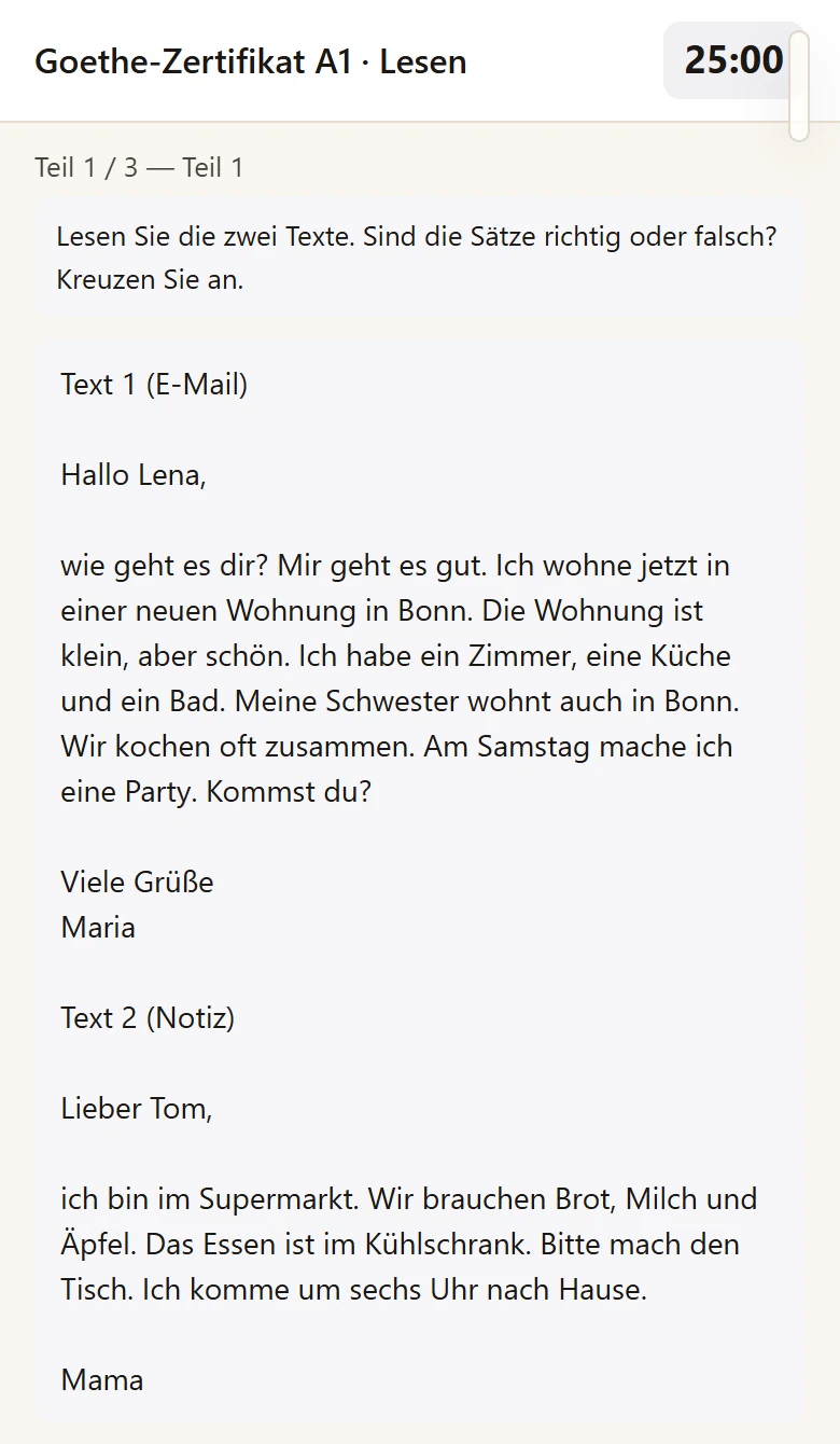 Original timed A1 reading texts in German