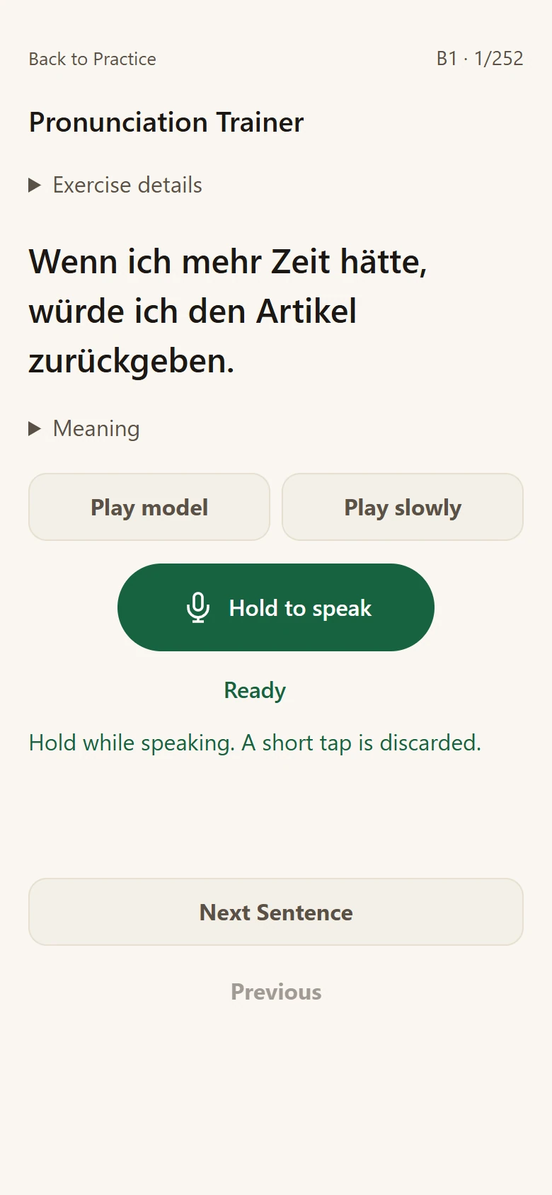 Current German target, model playback and compact idle hold-to-speak button