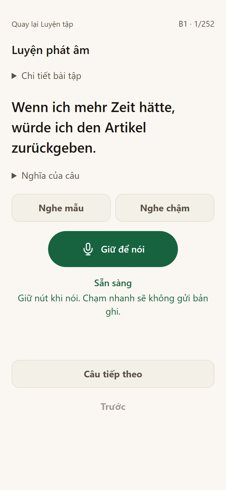 Câu mẫu tiếng Đức, nút nghe mẫu và nút nhấn giữ để nói ở trạng thái chờ