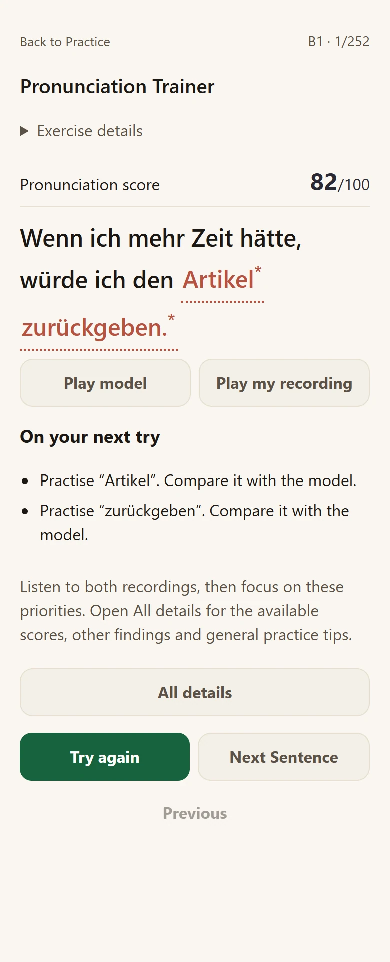 Prepared pronunciation review with two priorities and explicit retry