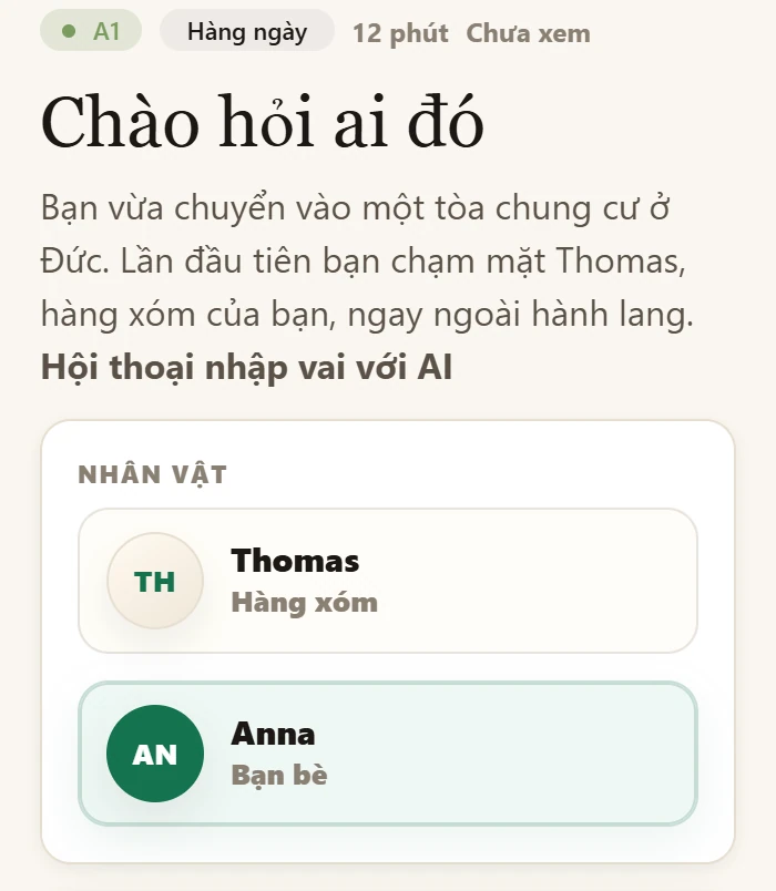 Bối cảnh chào hỏi với hai nhân vật Thomas và Anna