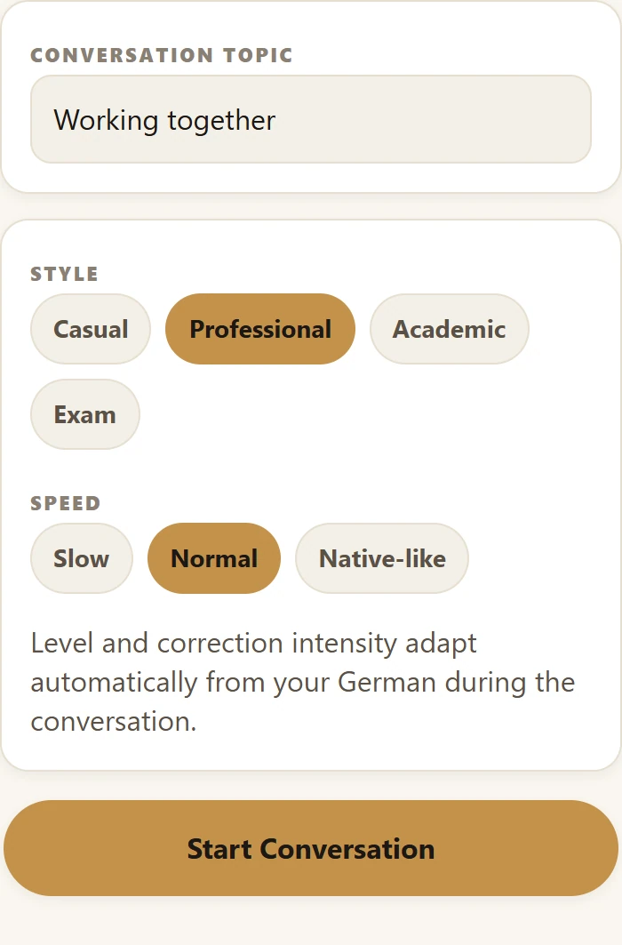 Conversation topic, style, speed and Start Conversation controls