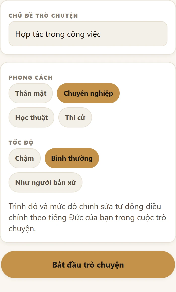 Chủ đề, phong cách, tốc độ và nút bắt đầu hội thoại