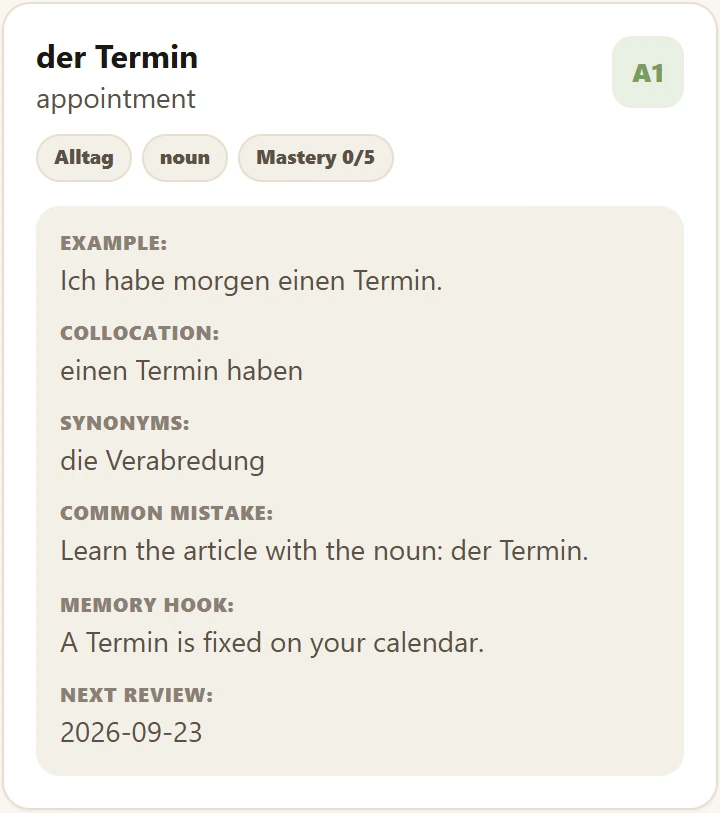 Complete der Termin word card with meaning, example and review notes