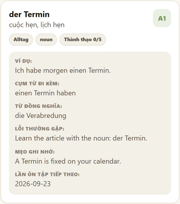 Thẻ từ der Termin đầy đủ với nghĩa, ví dụ và ghi chú ôn tập