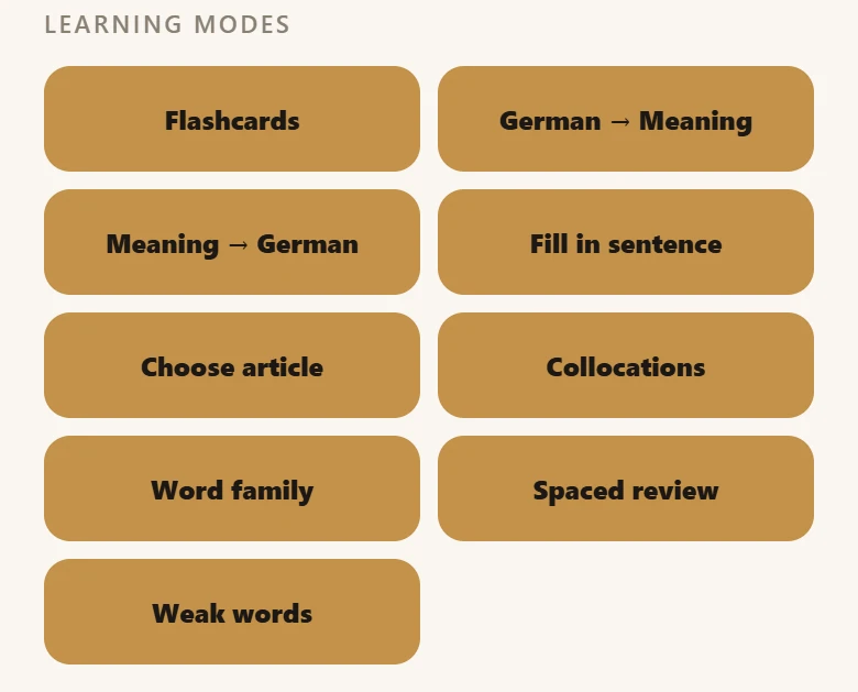 Complete vocabulary practice-mode selector